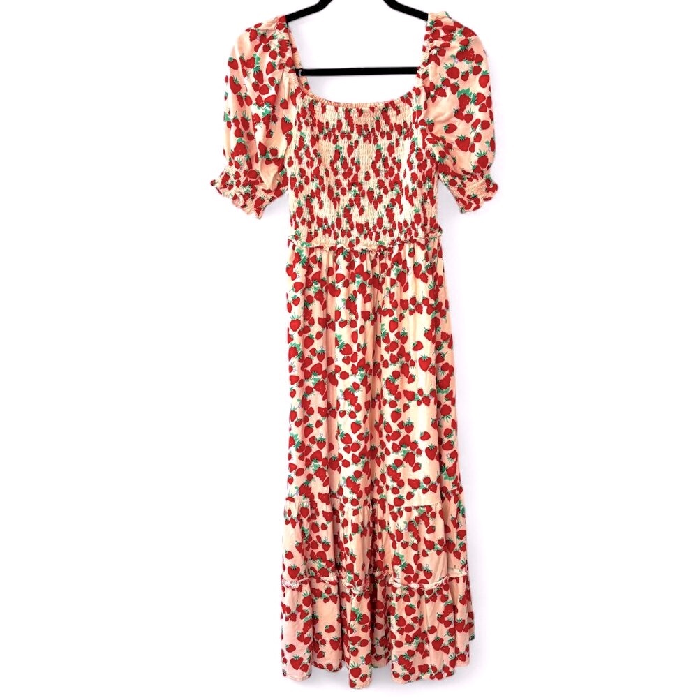 Betsey Johnson Sz XS Smocked Puff Sleeve Strawberry Maxi Dress - Picture 2 of 8